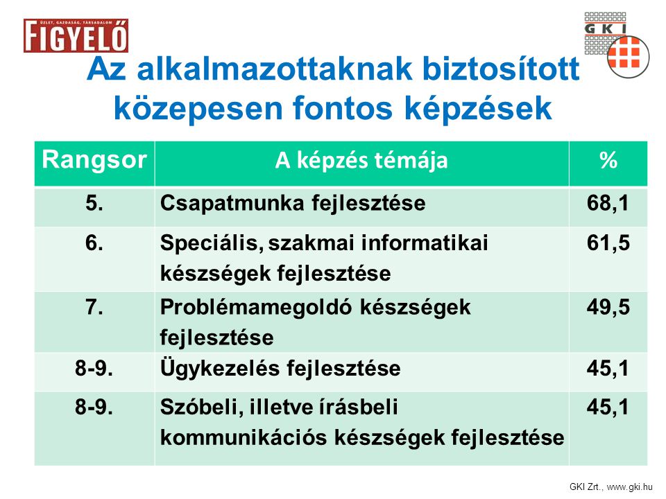 GKI Zrt.,   Az alkalmazottaknak biztosított közepesen fontos képzések Rangsor A képzés témája% 5.Csapatmunka fejlesztése68,1 6.