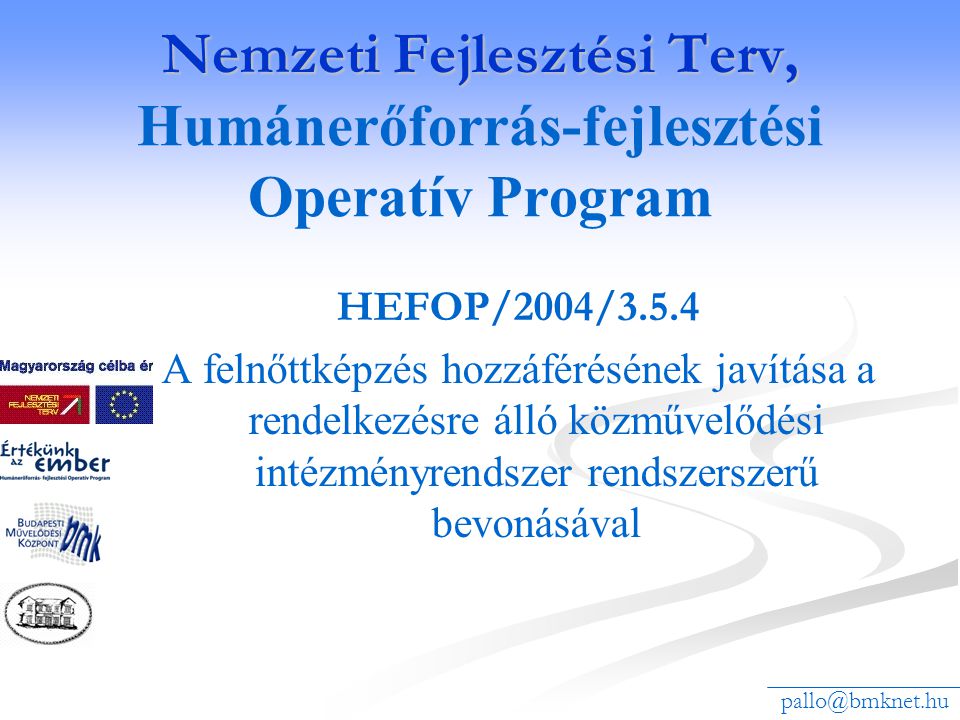 Nemzeti Fejlesztési Terv, Nemzeti Fejlesztési Terv, Humánerőforrás-fejlesztési Operatív Program HEFOP/2004/3.5.4 A felnőttképzés hozzáférésének javítása a rendelkezésre álló közművelődési intézményrendszer rendszerszerű bevonásával