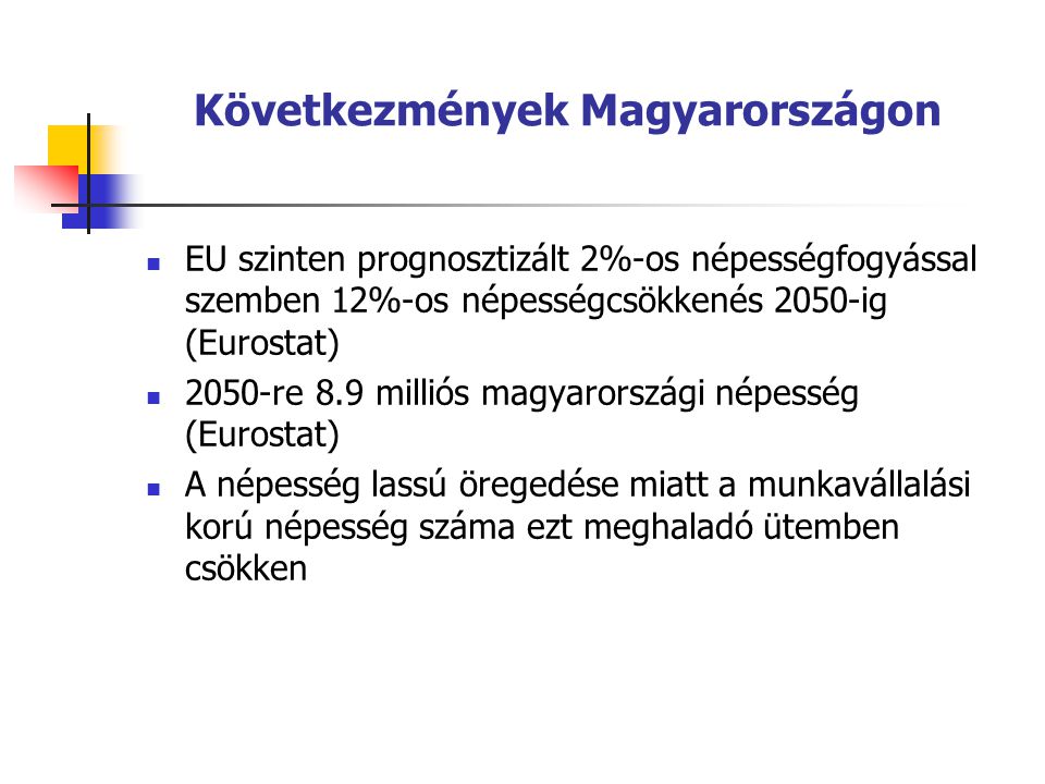 Következmények Magyarországon EU szinten prognosztizált 2%-os népességfogyással szemben 12%-os népességcsökkenés 2050-ig (Eurostat) 2050-re 8.9 milliós magyarországi népesség (Eurostat) A népesség lassú öregedése miatt a munkavállalási korú népesség száma ezt meghaladó ütemben csökken