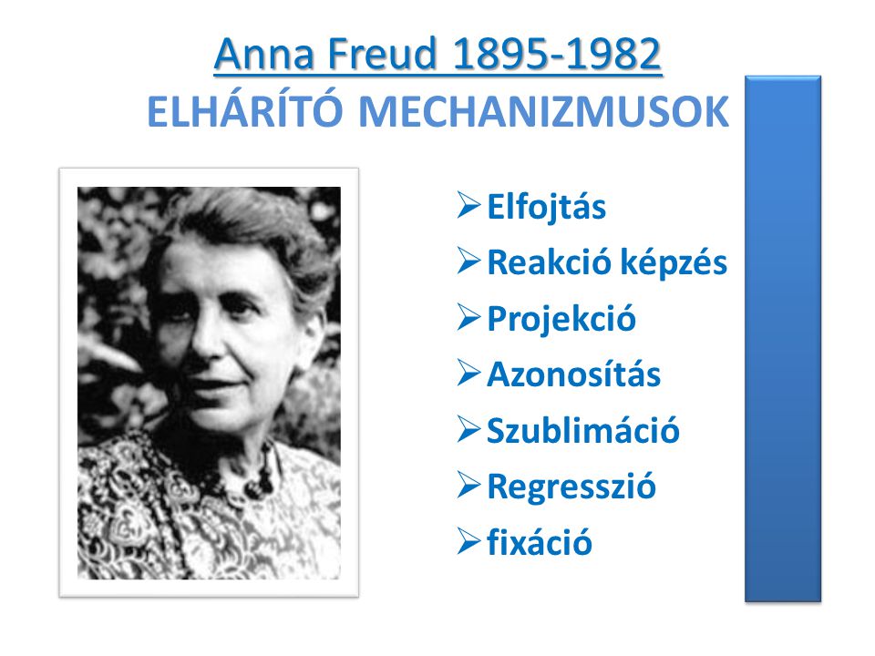 Anna Freud Anna Freud ELHÁRÍTÓ MECHANIZMUSOK  Elfojtás  Reakció képzés  Projekció  Azonosítás  Szublimáció  Regresszió  fixáció
