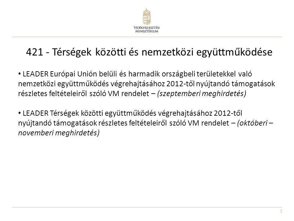 2 LEADER Európai Unión belüli és harmadik országbeli területekkel való nemzetközi együttműködés végrehajtásához 2012-től nyújtandó támogatások részletes feltételeiről szóló VM rendelet – (szeptemberi meghirdetés) LEADER Térségek közötti együttműködés végrehajtásához 2012-től nyújtandó támogatások részletes feltételeiről szóló VM rendelet – (októberi – novemberi meghirdetés) Térségek közötti és nemzetközi együttműködése