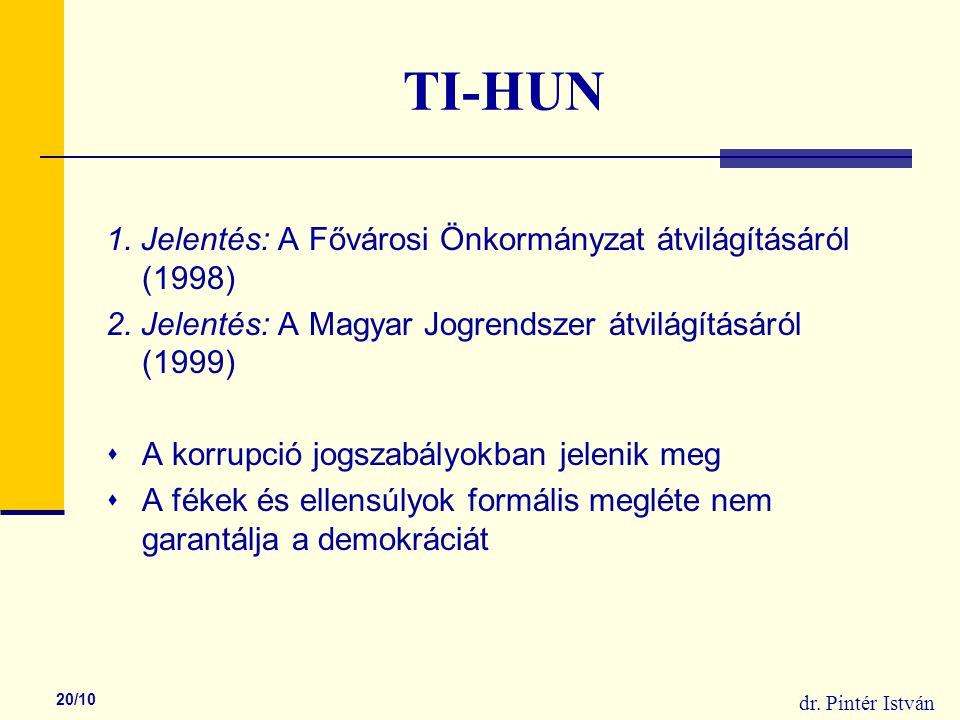 dr. Pintér István 20/10 TI-HUN 1. Jelentés: A Fővárosi Önkormányzat átvilágításáról (1998) 2.