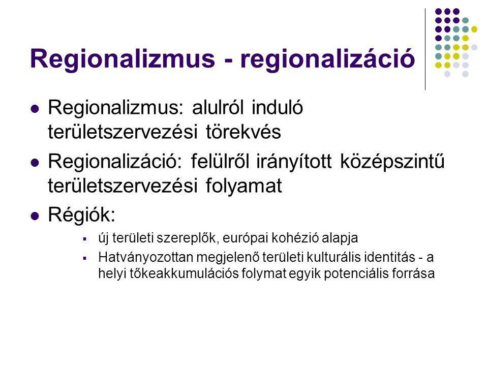 Regionalizmus - regionalizáció Regionalizmus: alulról induló területszervezési törekvés Regionalizáció: felülről irányított középszintű területszervezési folyamat Régiók:  új területi szereplők, európai kohézió alapja  Hatványozottan megjelenő területi kulturális identitás - a helyi tőkeakkumulációs folymat egyik potenciális forrása