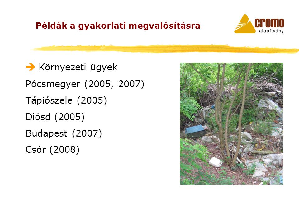  Környezeti ügyek Pócsmegyer (2005, 2007) Tápiószele (2005) Diósd (2005) Budapest (2007) Csór (2008) Példák a gyakorlati megvalósításra