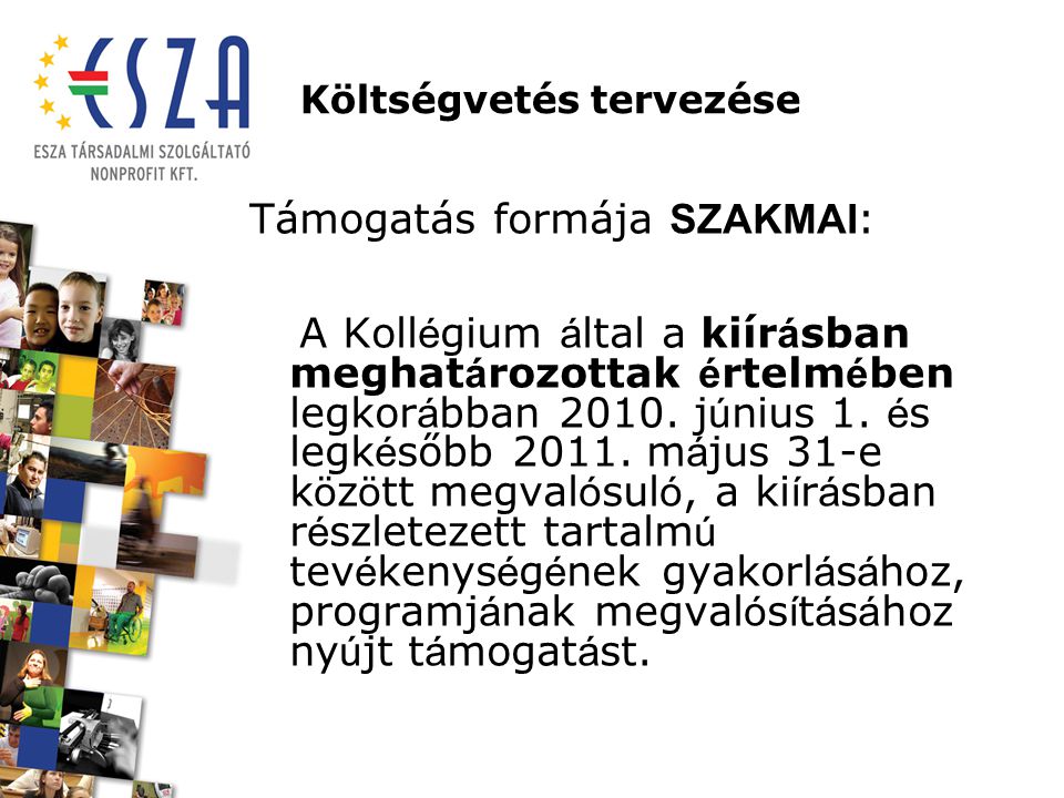 Költségvetés tervezése Támogatás formája SZAKMAI : A Koll é gium á ltal a kiír á sban meghat á rozottak é rtelm é ben legkor á bban 2010.