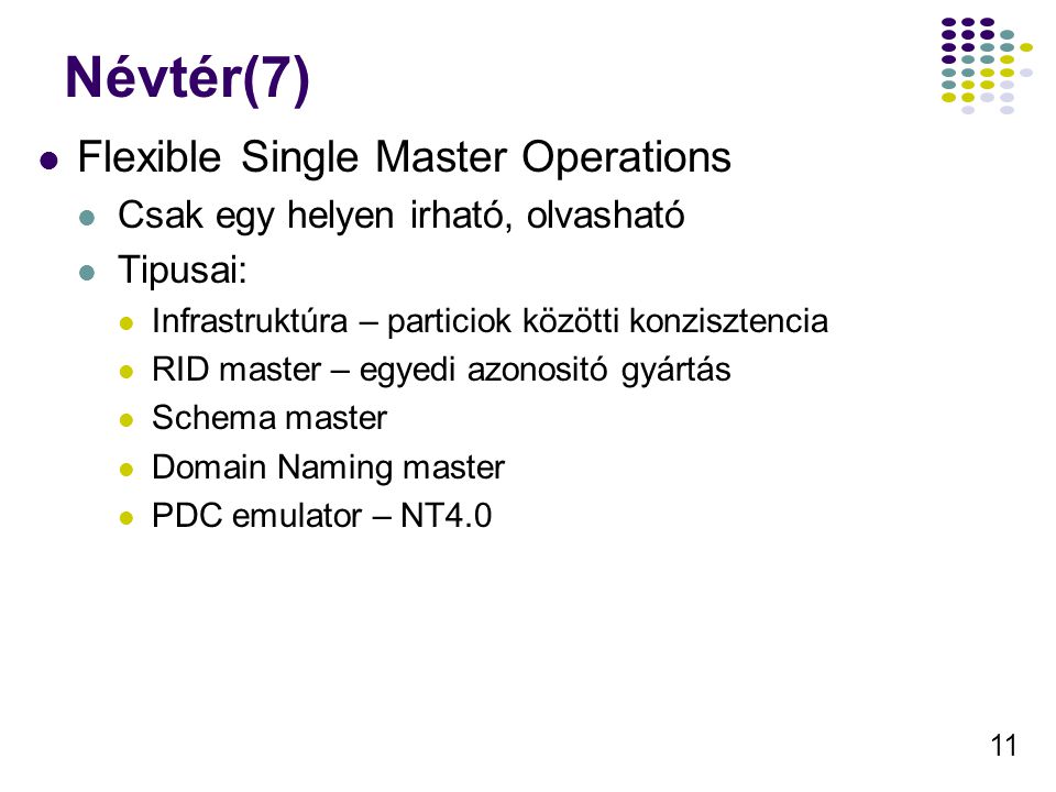 11 Névtér(7) Flexible Single Master Operations Csak egy helyen irható, olvasható Tipusai: Infrastruktúra – particiok közötti konzisztencia RID master – egyedi azonositó gyártás Schema master Domain Naming master PDC emulator – NT4.0