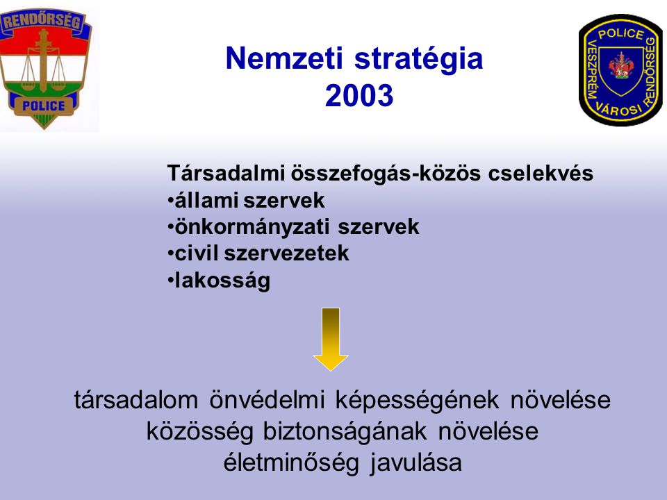 Nemzeti stratégia 2003 Társadalmi összefogás-közös cselekvés állami szervek önkormányzati szervek civil szervezetek lakosság társadalom önvédelmi képességének növelése közösség biztonságának növelése életminőség javulása