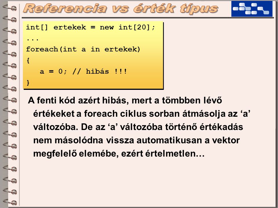 int[] ertekek = new int[20];... foreach(int a in ertekek) { a = 0; // hibás !!.