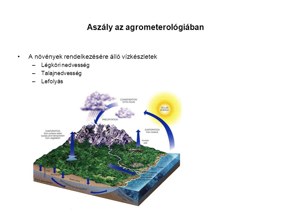 Aszály az agrometerológiában A növények rendelkezésére álló vízkészletek –Légköri nedvesség –Talajnedvesség –Lefolyás