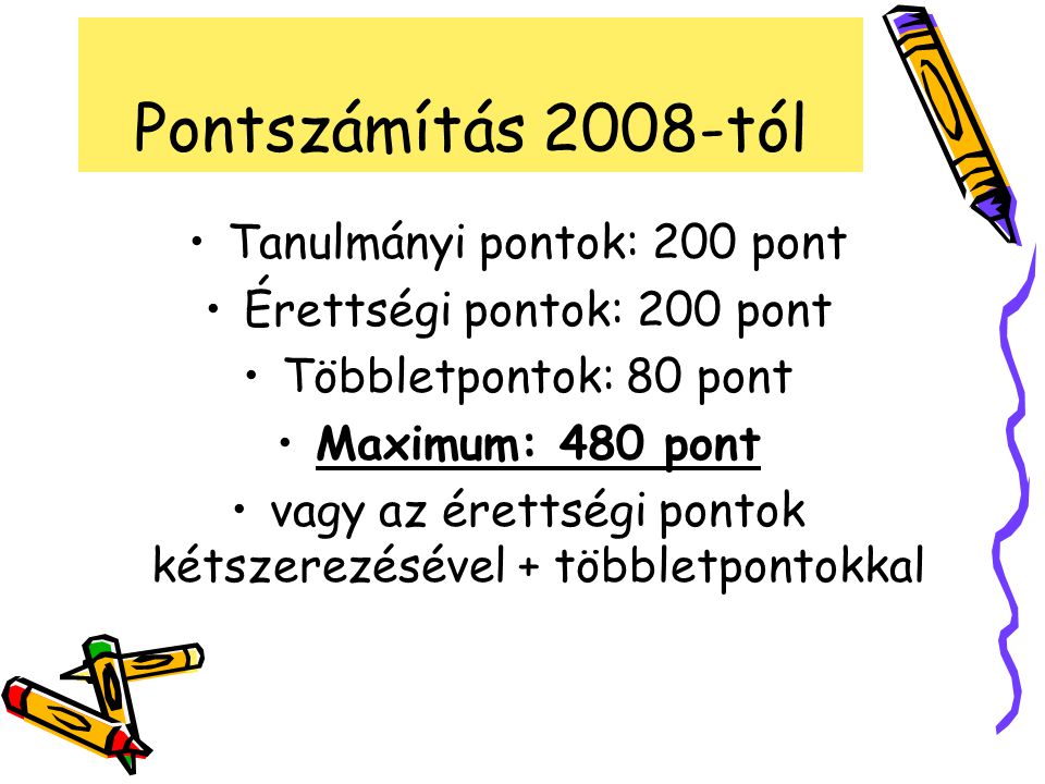 Pontszámítás 2008-tól Tanulmányi pontok: 200 pont Érettségi pontok: 200 pont Többletpontok: 80 pont Maximum: 480 pont vagy az érettségi pontok kétszerezésével + többletpontokkal