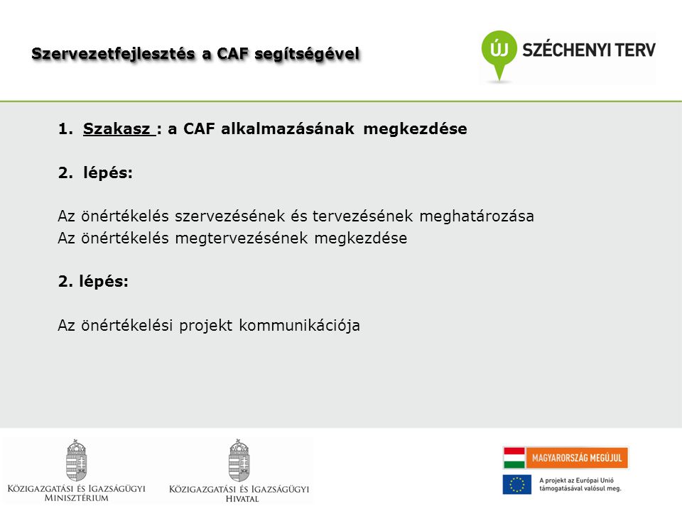 1.Szakasz : a CAF alkalmazásának megkezdése 2.lépés: Az önértékelés szervezésének és tervezésének meghatározása Az önértékelés megtervezésének megkezdése 2.