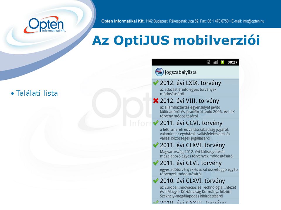 Az OptiJUS mobilverziói Találati lista
