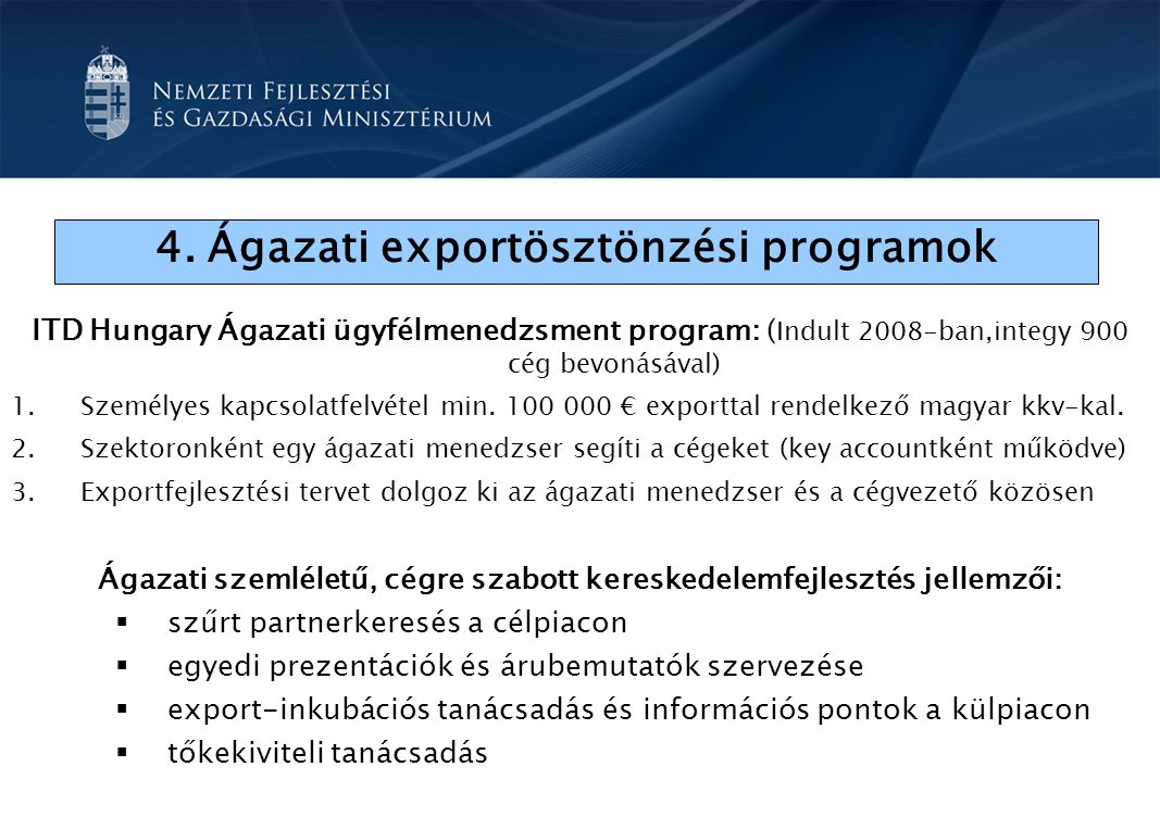 ITD Hungary Ágazati ügyfélmenedzsment program: ( Indult 2008-ban,integy 900 cég bevonásával) 1.Személyes kapcsolatfelvétel min.