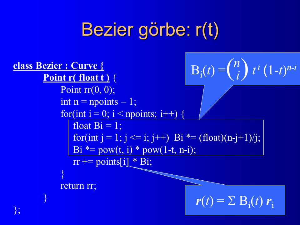 Bezier görbe: r(t) class Bezier : Curve { Point r( float t ) { Point rr(0, 0); int n = npoints – 1; for(int i = 0; i < npoints; i++) { float Bi = 1; for(int j = 1; j <= i; j++) Bi *= (float)(n-j+1)/j; Bi *= pow(t, i) * pow(1-t, n-i); rr += points[i] * Bi; } return rr; } }; B i (t) = t i ( 1-t) n-i ( )( ) n i r(t) =  B i (t) r i