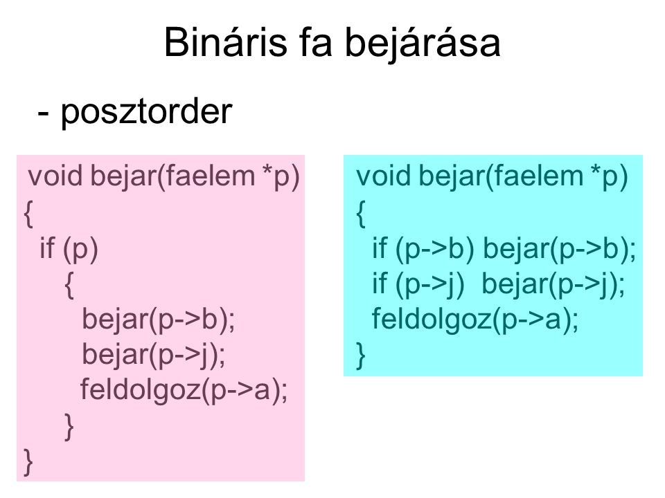 Bináris fa bejárása - posztorder void bejar(faelem *p) void bejar(faelem *p) { { if (p) if (p->b) bejar(p->b); { if (p->j) bejar(p->j); bejar(p->b); feldolgoz(p->a); bejar(p->j); } feldolgoz(p->a); } }