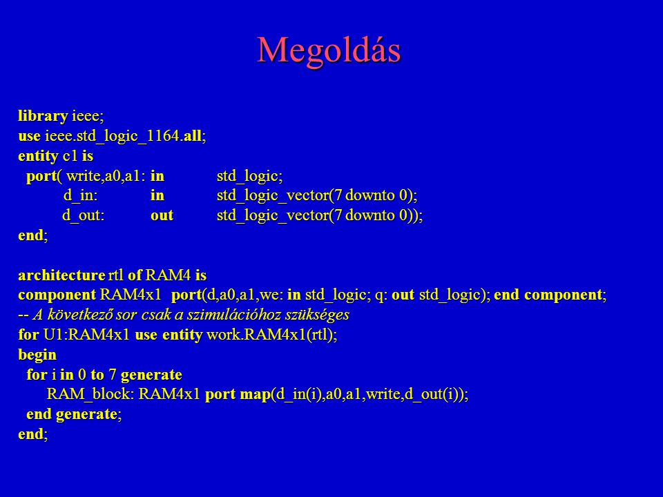 Megoldás library ieee; use ieee.std_logic_1164.all; entity c1 is port( write,a0,a1:instd_logic; port( write,a0,a1:instd_logic; d_in:instd_logic_vector(7 downto 0); d_in:instd_logic_vector(7 downto 0); d_out:outstd_logic_vector(7 downto 0)); end; architecture rtl of RAM4 is component RAM4x1 port(d,a0,a1,we: in std_logic; q: out std_logic); end component; -- A következő sor csak a szimulációhoz szükséges for U1:RAM4x1 use entity work.RAM4x1(rtl); begin for i in 0 to 7 generate for i in 0 to 7 generate RAM_block: RAM4x1 port map(d_in(i),a0,a1,write,d_out(i)); RAM_block: RAM4x1 port map(d_in(i),a0,a1,write,d_out(i)); end generate; end generate; end;