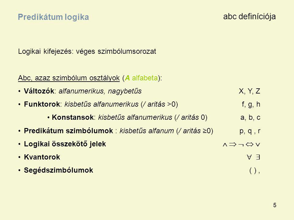 5 Logikai kifejezés: véges szimbólumsorozat Abc, azaz szimbólum osztályok (A alfabeta): Változók: alfanumerikus, nagybetűsX, Y, Z Funktorok: kisbetűs alfanumerikus (/ aritás >0)f, g, h Konstansok: kisbetűs alfanumerikus (/ aritás 0)a, b, c Predikátum szimbólumok : kisbetűs alfanum (/ aritás ≥0)p, q, r Logikai összekötő jelek      Kvantorok   Segédszimbólumok( ), Predikátum logika abc definíciója