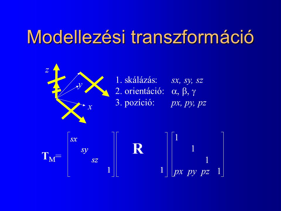 1 Modellezési transzformáció 1. skálázás:sx, sy, sz 2.