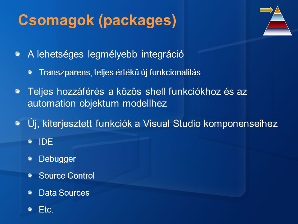 A lehetséges legmélyebb integráció Transzparens, teljes értékű új funkcionalitás Teljes hozzáférés a közös shell funkciókhoz és az automation objektum modellhez Új, kiterjesztett funkciók a Visual Studio komponenseihez IDE Debugger Source Control Data Sources Etc.
