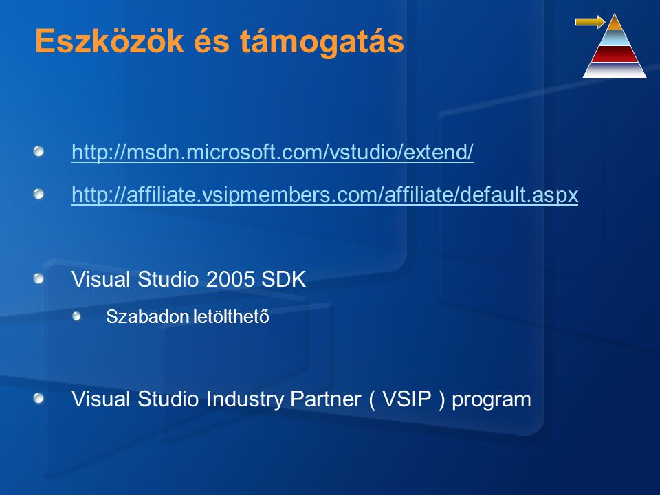 Visual Studio 2005 SDK Szabadon letölthető Visual Studio Industry Partner ( VSIP ) program Eszközök és támogatás