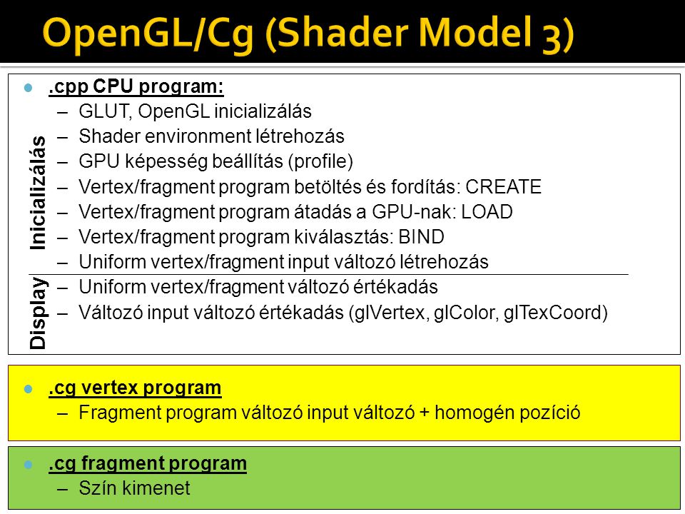 l.cpp CPU program: –GLUT, OpenGL inicializálás –Shader environment létrehozás –GPU képesség beállítás (profile) –Vertex/fragment program betöltés és fordítás: CREATE –Vertex/fragment program átadás a GPU-nak: LOAD –Vertex/fragment program kiválasztás: BIND –Uniform vertex/fragment input változó létrehozás –Uniform vertex/fragment változó értékadás –Változó input változó értékadás (glVertex, glColor, glTexCoord) l.cg vertex program –Fragment program változó input változó + homogén pozíció l.cg fragment program –Szín kimenet Ini c ializ álás Display