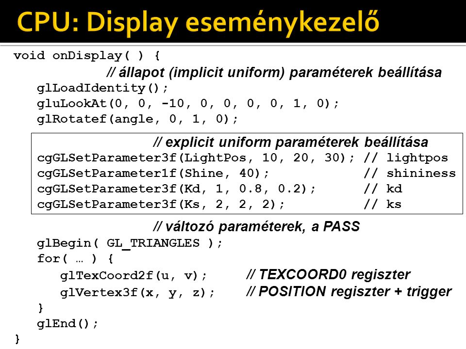 void onDisplay( ) { // állapot (implicit uniform) paraméterek beállítása glLoadIdentity(); gluLookAt(0, 0, -10, 0, 0, 0, 0, 1, 0); glRotatef(angle, 0, 1, 0); // explicit uniform paraméterek beállítása cgGLSetParameter3f(LightPos, 10, 20, 30); // lightpos cgGLSetParameter1f(Shine, 40); // shininess cgGLSetParameter3f(Kd, 1, 0.8, 0.2); // kd cgGLSetParameter3f(Ks, 2, 2, 2); // ks // változó paraméterek, a PASS glBegin( GL_TRIANGLES ); for( … ) { glTexCoord2f(u, v); // TEXCOORD0 regiszter glVertex3f(x, y, z); // POSITION regiszter + trigger } glEnd(); }
