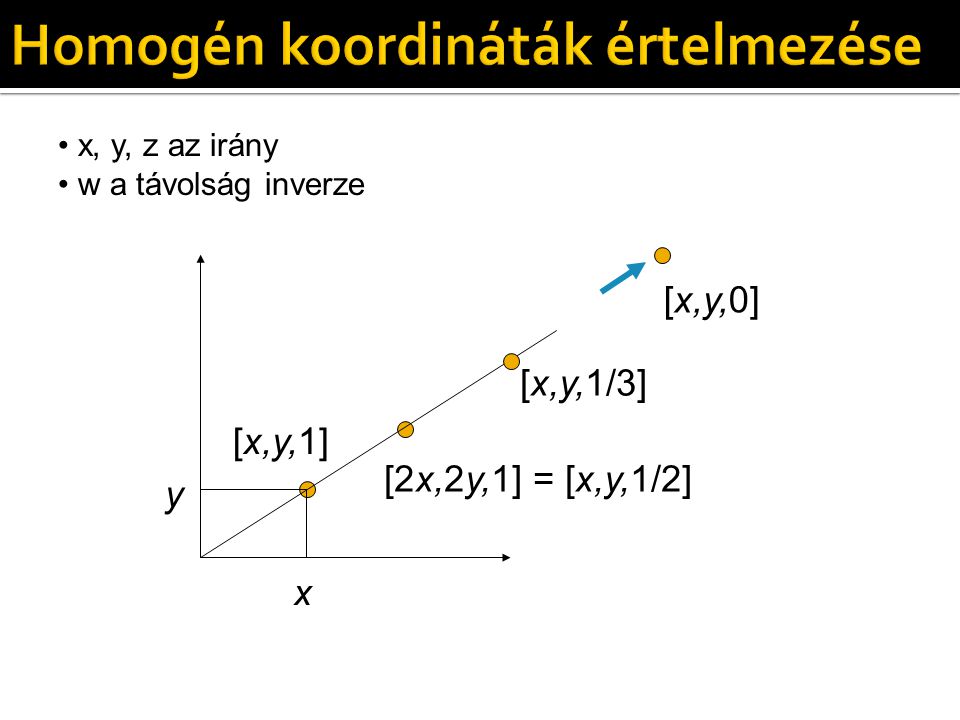 x y [x,y,1] [2x,2y,1] = [x,y,1/2] [x,y,1/3] [x,y,0] x, y, z az irány w a távolság inverze