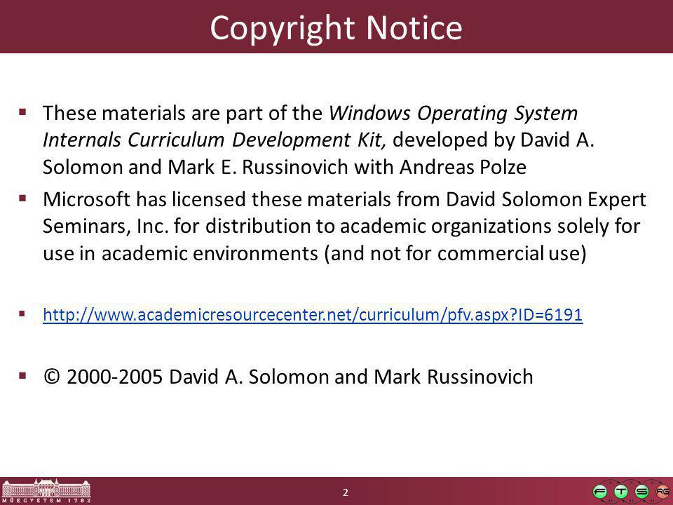 Copyright Notice  These materials are part of the Windows Operating System Internals Curriculum Development Kit, developed by David A.