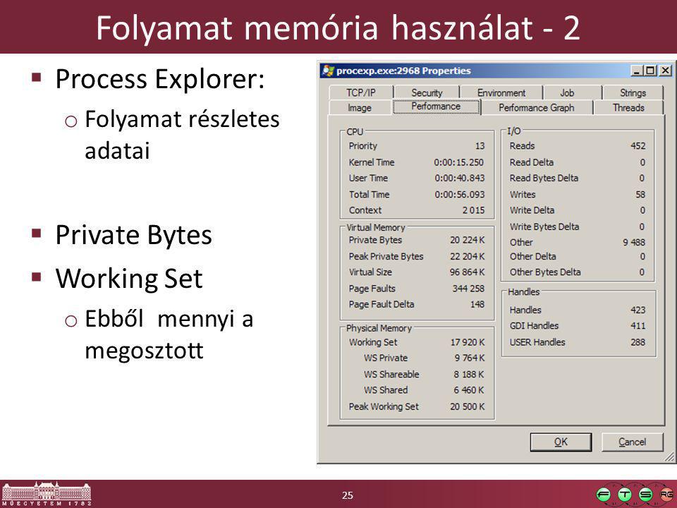 Folyamat memória használat - 2  Process Explorer: o Folyamat részletes adatai  Private Bytes  Working Set o Ebből mennyi a megosztott 25