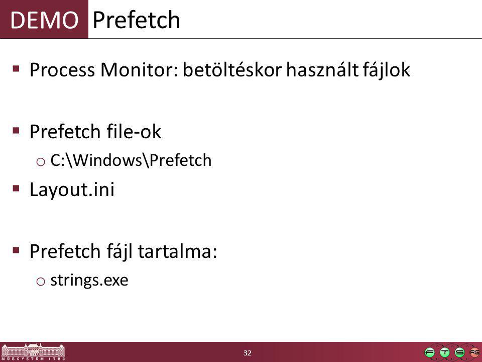 DEMO  Process Monitor: betöltéskor használt fájlok  Prefetch file-ok o C:\Windows\Prefetch  Layout.ini  Prefetch fájl tartalma: o strings.exe Prefetch 32