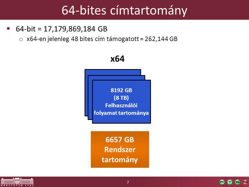 64-bites címtartomány  64-bit = 17,179,869,184 GB o x64-en jelenleg 48 bites cím támogatott = 262,144 GB 8192 GB (8 TB) Felhasználói folyamat tartománya 6657 GB Rendszer tartomány 6657 GB Rendszer tartomány x64 7