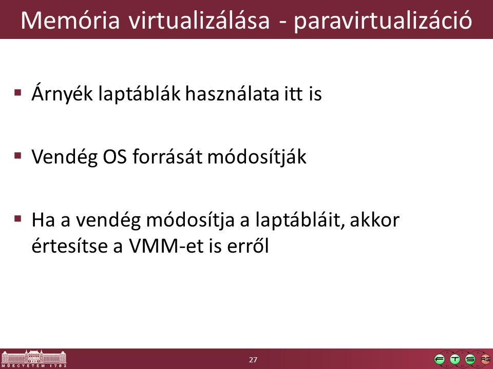 Memória virtualizálása - paravirtualizáció  Árnyék laptáblák használata itt is  Vendég OS forrását módosítják  Ha a vendég módosítja a laptábláit, akkor értesítse a VMM-et is erről 27