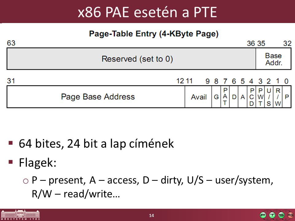 x86 PAE esetén a PTE  64 bites, 24 bit a lap címének  Flagek: o P – present, A – access, D – dirty, U/S – user/system, R/W – read/write… 14