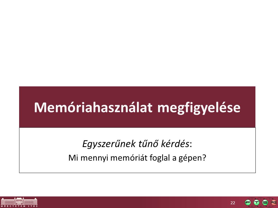 Memóriahasználat megfigyelése Egyszerűnek tűnő kérdés: Mi mennyi memóriát foglal a gépen 22