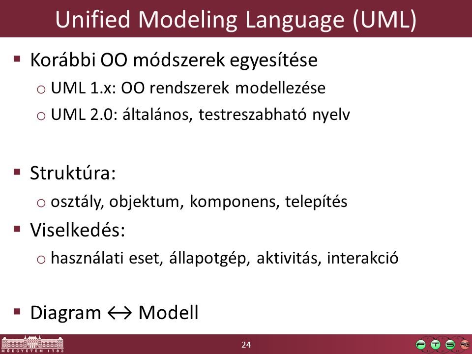 24 Unified Modeling Language (UML)  Korábbi OO módszerek egyesítése o UML 1.x: OO rendszerek modellezése o UML 2.0: általános, testreszabható nyelv  Struktúra: o osztály, objektum, komponens, telepítés  Viselkedés: o használati eset, állapotgép, aktivitás, interakció  Diagram ↔ Modell