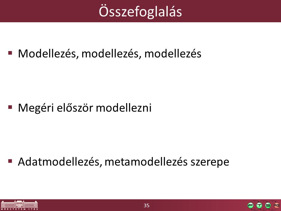 35 Összefoglalás  Modellezés, modellezés, modellezés  Megéri először modellezni  Adatmodellezés, metamodellezés szerepe