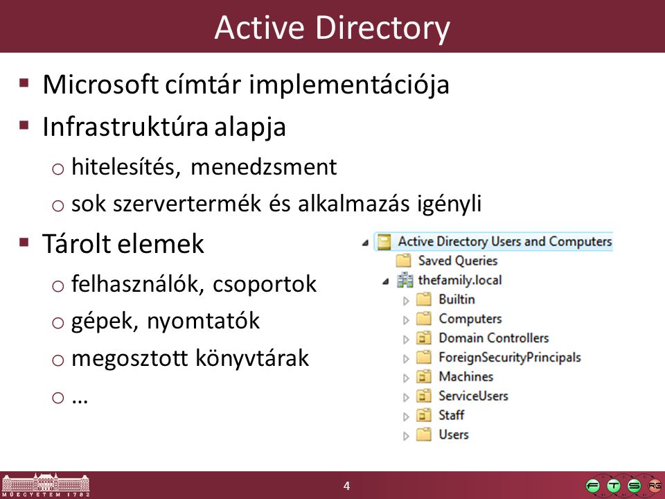 4 Active Directory  Microsoft címtár implementációja  Infrastruktúra alapja o hitelesítés, menedzsment o sok szervertermék és alkalmazás igényli  Tárolt elemek o felhasználók, csoportok o gépek, nyomtatók o megosztott könyvtárak o…o…