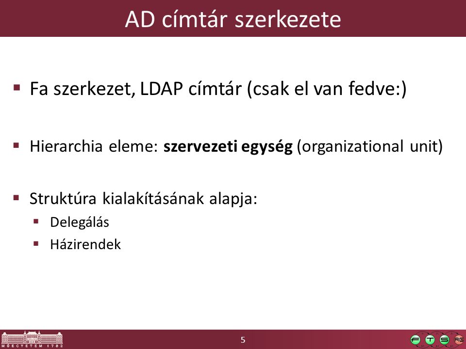 5 AD címtár szerkezete  Fa szerkezet, LDAP címtár (csak el van fedve:)  Hierarchia eleme: szervezeti egység (organizational unit)  Struktúra kialakításának alapja:  Delegálás  Házirendek