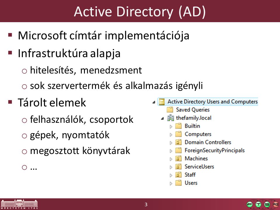 3 Active Directory (AD)  Microsoft címtár implementációja  Infrastruktúra alapja o hitelesítés, menedzsment o sok szervertermék és alkalmazás igényli  Tárolt elemek o felhasználók, csoportok o gépek, nyomtatók o megosztott könyvtárak o…o…
