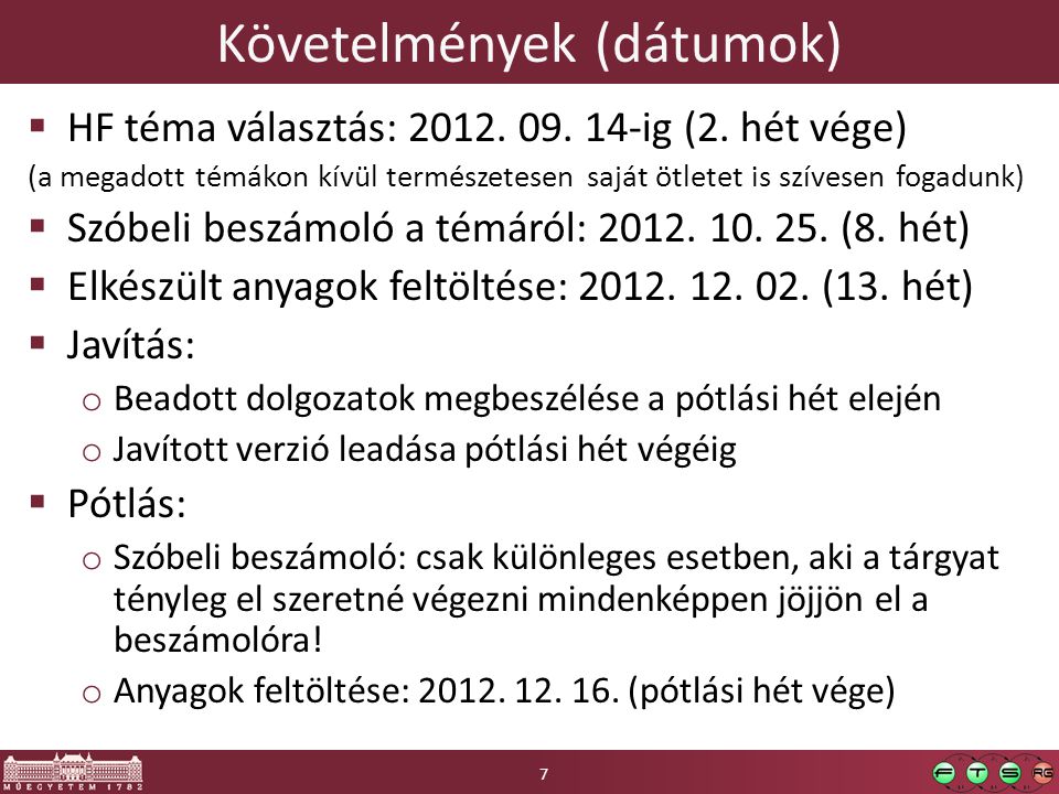 Követelmények (dátumok)  HF téma választás: 2012.