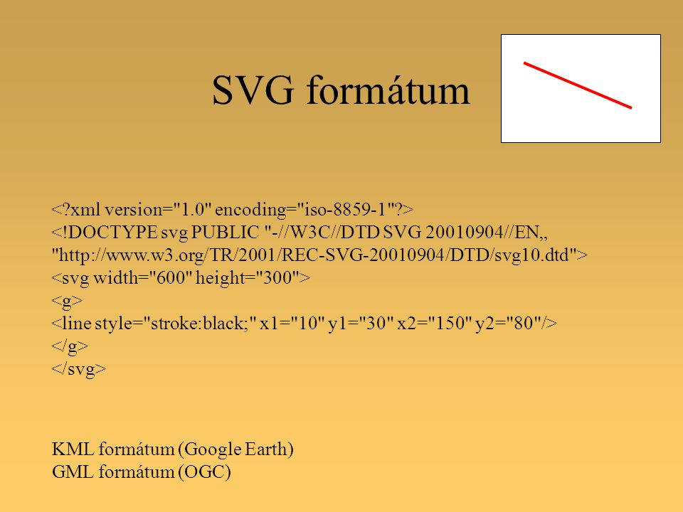 SVG formátum <!DOCTYPE svg PUBLIC -//W3C//DTD SVG //EN„   > KML formátum (Google Earth) GML formátum (OGC)