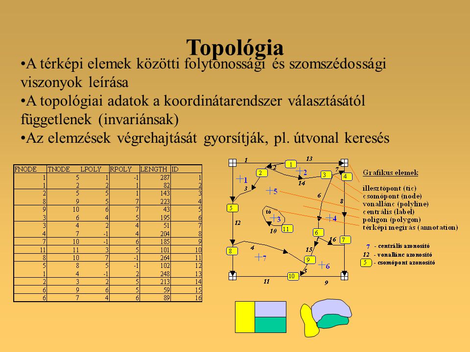 A térképi elemek közötti folytonossági és szomszédossági viszonyok leírása A topológiai adatok a koordinátarendszer választásától függetlenek (invariánsak) Az elemzések végrehajtását gyorsítják, pl.