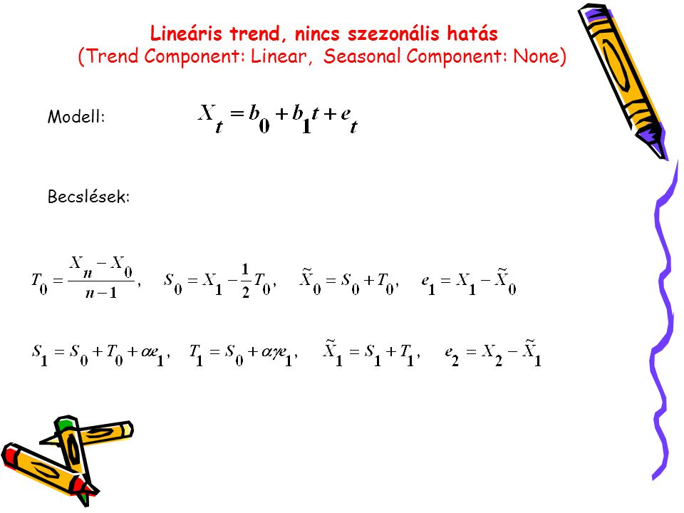 Lineáris trend, nincs szezonális hatás (Trend Component: Linear, Seasonal Component: None) Modell: Becslések: