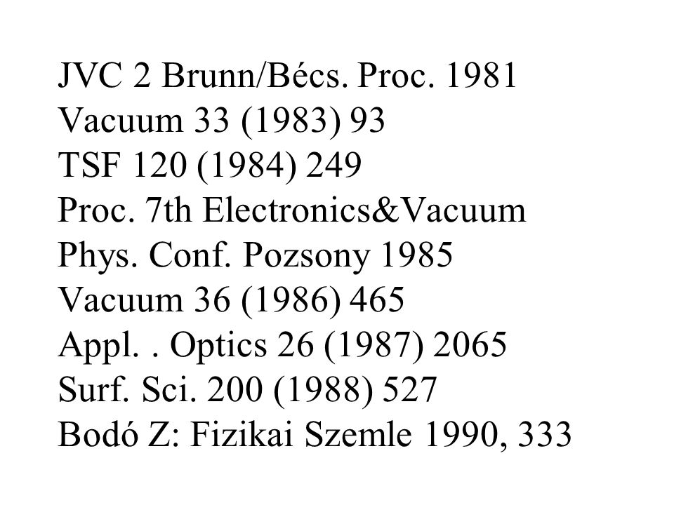 JVC 2 Brunn/Bécs. Proc Vacuum 33 (1983) 93 TSF 120 (1984) 249 Proc.