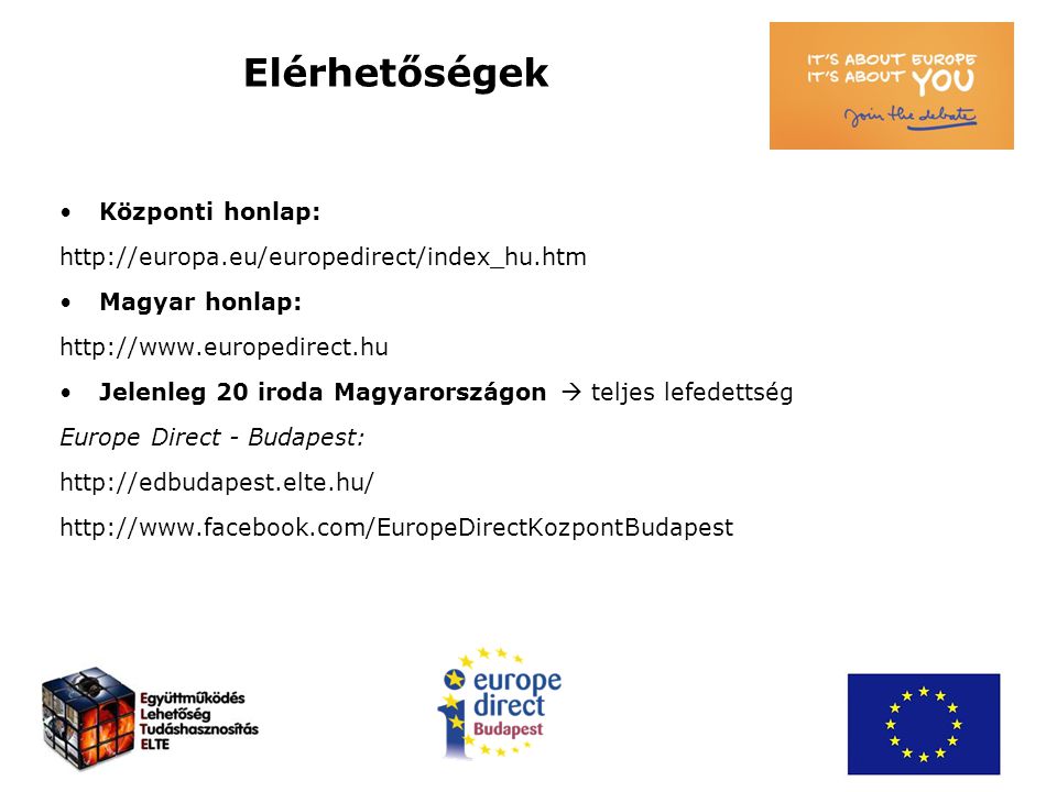 Elérhetőségek Központi honlap:   Magyar honlap:   Jelenleg 20 iroda Magyarországon  teljes lefedettség Europe Direct - Budapest: