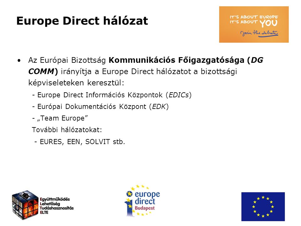 Europe Direct hálózat Az Európai Bizottság Kommunikációs Főigazgatósága (DG COMM) irányítja a Europe Direct hálózatot a bizottsági képviseleteken keresztül: - Europe Direct Információs Központok (EDICs) - Európai Dokumentációs Központ (EDK) - „Team Europe További hálózatokat: - EURES, EEN, SOLVIT stb.