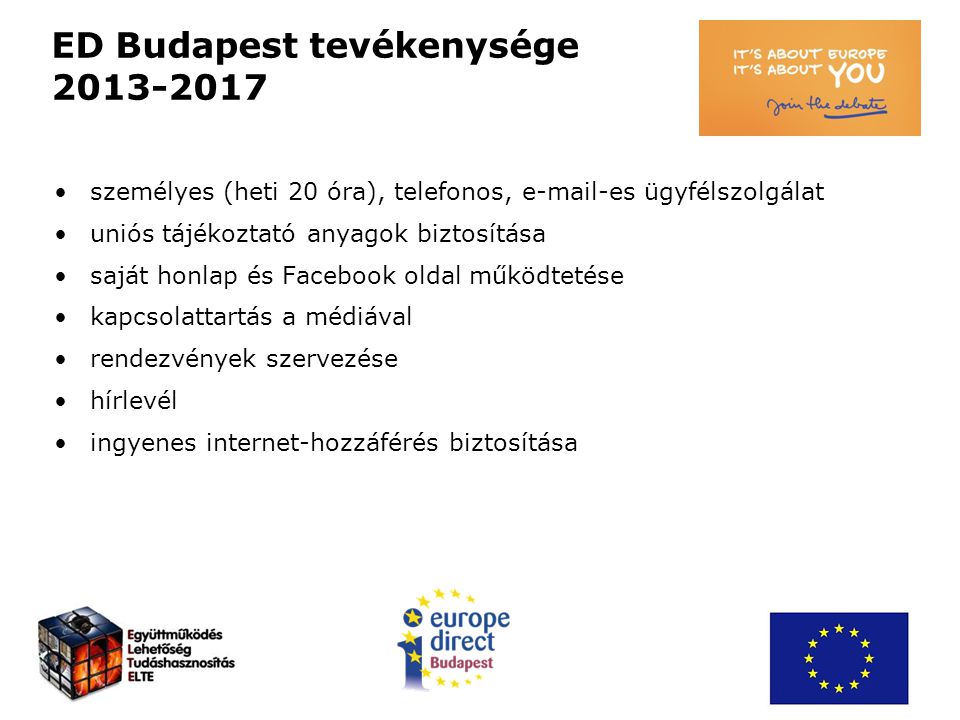 ED Budapest tevékenysége személyes (heti 20 óra), telefonos,  -es ügyfélszolgálat uniós tájékoztató anyagok biztosítása saját honlap és Facebook oldal működtetése kapcsolattartás a médiával rendezvények szervezése hírlevél ingyenes internet-hozzáférés biztosítása