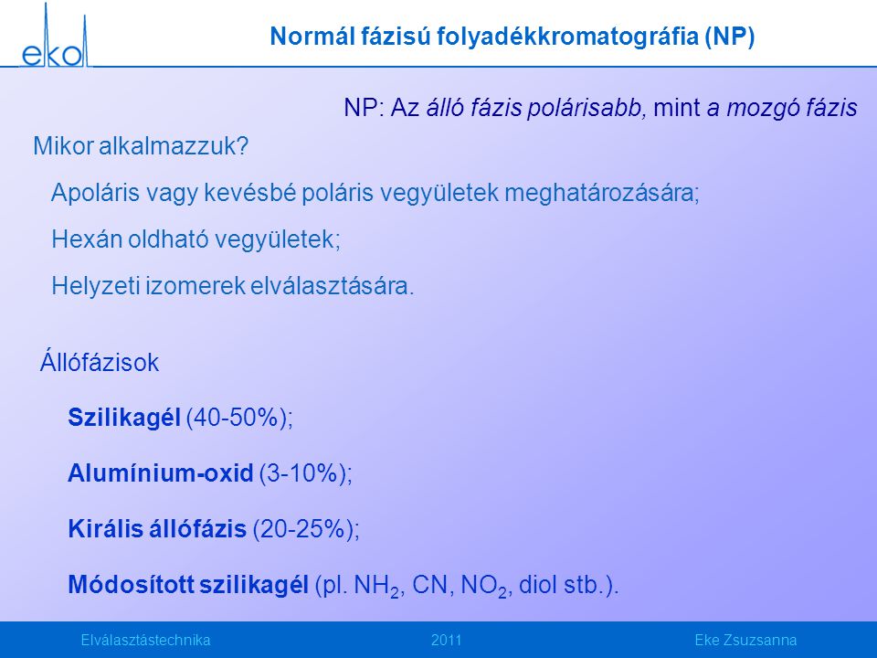 Elválasztástechnika2011Eke Zsuzsanna Normál fázisú folyadékkromatográfia (NP) NP: Az álló fázis polárisabb, mint a mozgó fázis Állófázisok Szilikagél (40-50%); Alumínium-oxid (3-10%); Királis állófázis (20-25%); Módosított szilikagél (pl.