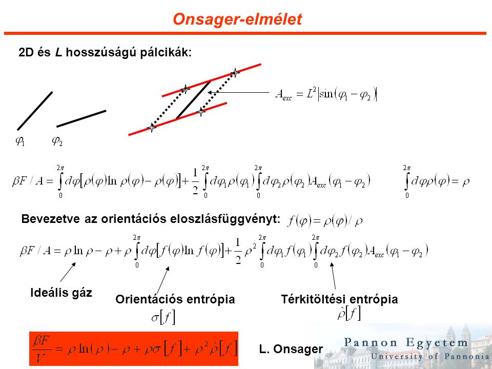 Onsager-elmélet 2D és L hosszúságú pálcikák: Bevezetve az orientációs eloszlásfüggvényt: Ideális gáz Orientációs entrópiaTérkitöltési entrópia L.