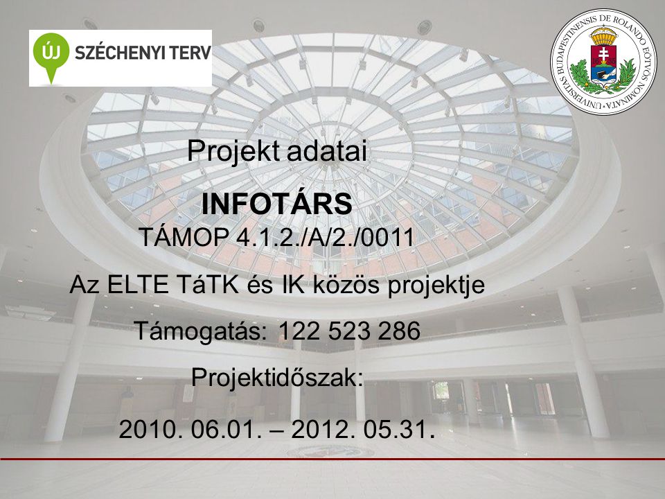 Projekt adatai INFOTÁRS TÁMOP /A/2./0011 Az ELTE TáTK és IK közös projektje Támogatás: Projektidőszak: 2010.